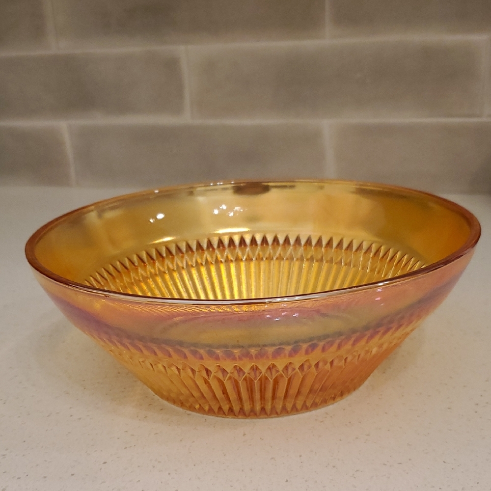 Jeannette Anniversary Iridescent 9 inch Fruit Bowl Carnival Glass Marigold